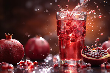Poster - A glass filled with pomegranate juice with water splashes adding a dynamic touch to the drink