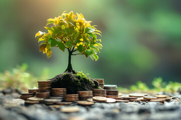 A tree grows amidst a treasure of gold coins, representing the journey of money investment and its potential growth over time. For investment content.