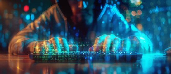 Anonymous Hacker IT engineer futuristic typing prompt, computer network cyber security. Digital technology AI chatbot coding background data analytics programming network metaverse digital world