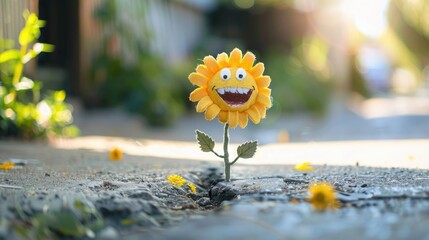 Wall Mural - A smiling flower is surrounded by flowers and leaves on the cracked road