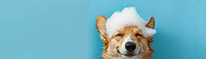Cheerful Corgi dog enjoying a bath with soap foam on its head, featuring a blue background and ample copy space for a fun and engaging image