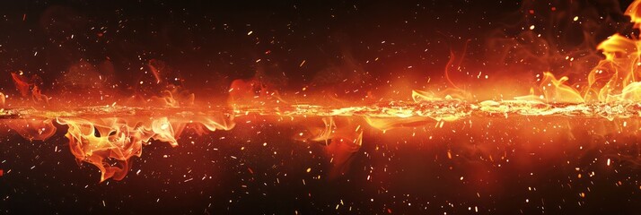 banner with bright lava flowing horizontally with embers flying around on a dark background