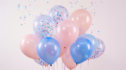 Blue and pink balloons with confetti, ideal for festive occasions and party supply promotions.