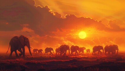 A herd of elephants in the savannah at sunset, with one elephant leading and the others following behind it, symbolizing community