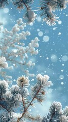 Wall Mural - snow covered pine branches with light blue background, fantastic depth and realism