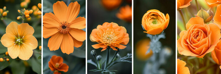 Canvas Print - A collection of vibrant orange flowers blooming in a garden, showcasing their beauty and diversity. Bees buzzing around, pollinating the flowers while butterflies gracefully flutter among them