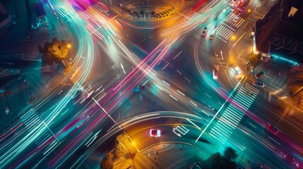 Fototapete - Time-lapse effect of cars moving through an intersection with changing traffic lights, creating light trails.