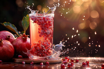 Poster - A glass filled with pomegranate juice with water splashes creating a dynamic and refreshing scene