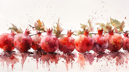 Sticker - Watercolor painting of red pomegranates on a branch with leaves, with a white background