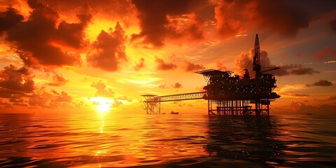 Wall Mural - Sunset or sunrise view of offshore oil rig platform in construction. Concept Sunset Views, Sunrise Scenes, Offshore Oil Rigs, Construction, Industrial Landscapes