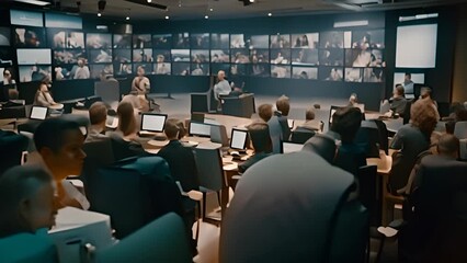 Wall Mural - Group of People in Conference Room With Multiple Monitors Generative AI