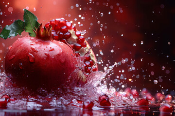 Aufkleber - A ripe red pomegranate is getting splashed with water, creating a refreshing and vibrant image