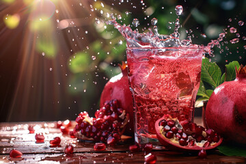 Poster - A glass filled with refreshing pomegranate juice, with water splashes creating dynamic patterns