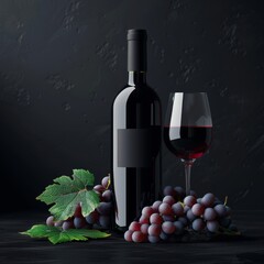 Wall Mural - A bottle of red wine and a wine glass are on a table with a bunch of grapes