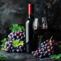 Wall Mural - A bottle of red wine and a wine glass are on a table with a bunch of grapes