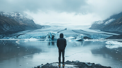 Sticker - man standing on shore of lake and enjoying view on ice and mountains