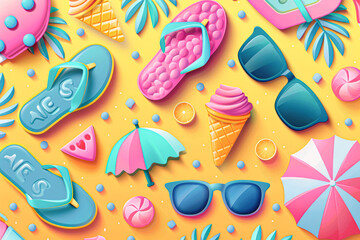 Wall Mural - icons, including sunglasses, ice cream, and flip-flops, arranged against a colorful background for print on demand phone cases.