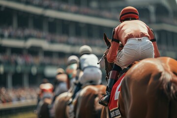 A photo of the main stage at the essential, horse racing with jockeys on them, at Stadium.