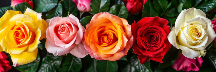 Poster - A row of different colored roses, with shades of red, pink, yellow, and white, neatly arranged in a line. Each rose bloom is vibrant and distinct, creating a colorful display