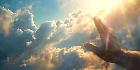 Person Holding Their Hand Up In The Air With The Sun Shining In The Sky Praising and Praying