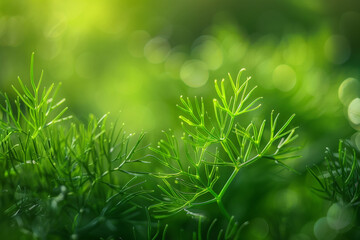 Aufkleber - A detailed view of a green dill plant with out-of-focus bokeh lights in the background