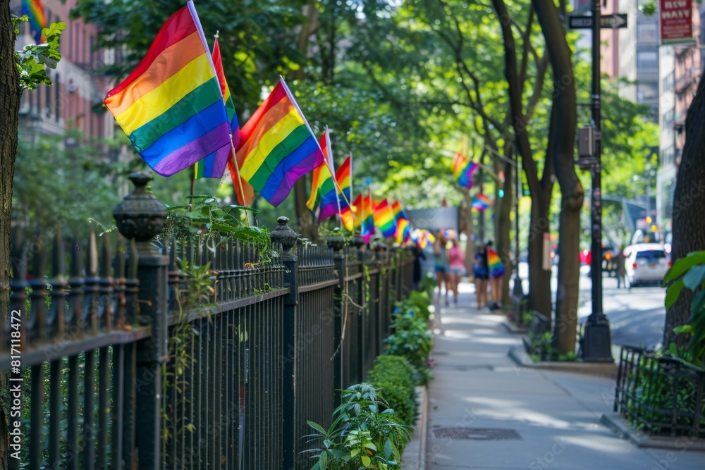 A row of rainbow flags adorning the fence line along an urban street ...