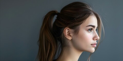 Wall Mural - Portrait of a contemporary woman showcasing a stunning ponytail hairstyle. Concept Hairstyle, Contemporary Woman, Portrait, Ponytail, Stunning