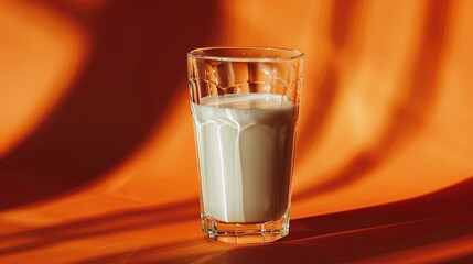 Wall Mural - A stunning high quality photo captures the elegant design of milk in a glass against a vibrant orange backdrop symbolizing the essence of a dairy based diet concept