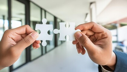 Wall Mural -  hands connecting two puzzle pieces together on office background 