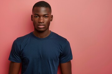 A mockup of an athletic male model wearing the navy blue Bella Canvas 3001 Tshirt, standing upright with his hands in front or behind him
