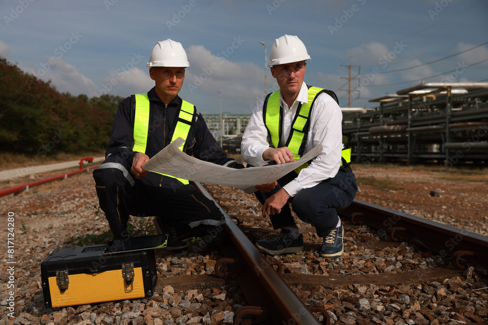 Engineer Steel Rails Two male Railway engineers inspect the specifications of the rails with ...