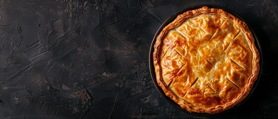 Top view of an Australian meat pie with flaky pastry, using the rule of thirds, with ample copy space