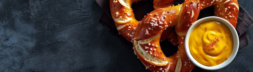 Top view of a German pretzel with mustard dipping sauce, using the rule of thirds, with ample copy space