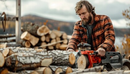 Logging event Cutting wood with chainsaw in scenic landscape