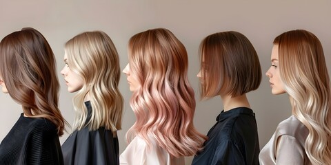 Wall Mural - Assortment of womens hairstyles in pink straight wavy and bobcut styles. Concept Women's Hairstyles, Pink Hair, Straight Hair, Wavy Hair, Bobcut