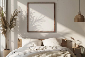 Sticker - Mockup frame in light cozy and simple bedroom interior background 3d render