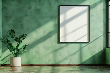 Mockup poster frame close up on wall painted green color 3d render