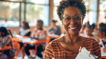 Wall Mural - A Smiling Teacher in Classroom