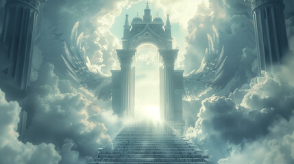 Gate to heaven with beautiful angelic wings