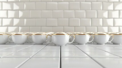 Poster -   A row of white coffee cups sits on a white tile floor beside another row of white coffee cups