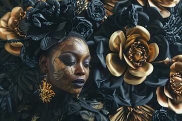 Wall Mural - Close-up of woman covered in gold paint with black flowers