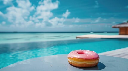 Sticker - Enjoying a delectable doughnut with a blurred background of the blue sky and sea the image captures the essence of indulging in a sweet treat while on a relaxing vacation