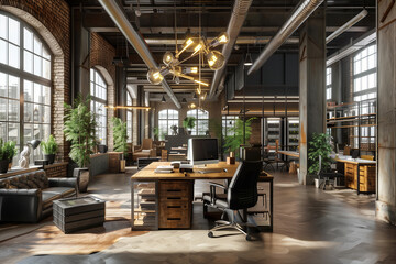 Wall Mural - Modern office interior in loft industrial style 3d render