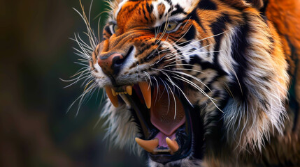 Wall Mural - A tiger is shown with its mouth open and teeth bared, looking angry. The tiger's fur is orange and black, and its eyes are wide open. Concept of danger and aggression
