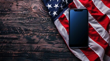 Patriotic Table Top Display with American Flag and Phone on Distressed Wood