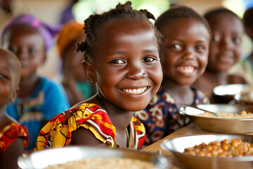 a group of african children eating lunch together and smiling at camera