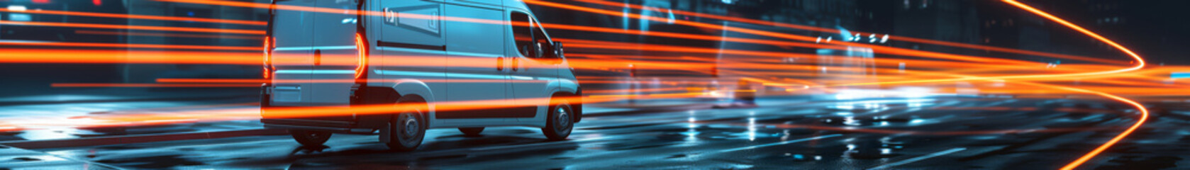 Futuristic Delivery Van Speeding on Highway at Night