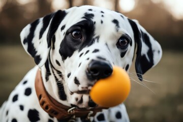 'dog holding ball isolated mouth cute dalmatian white pet toy animal background chewing breed domestic front mammal purebred studio tennis eating pedigree pedigreed snout view portrait puppy canino'