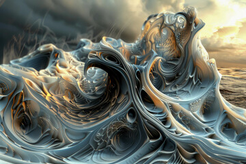 Wall Mural - A wave of water with a lot of detail and a lot of texture. The water is very choppy and the sky is cloudy