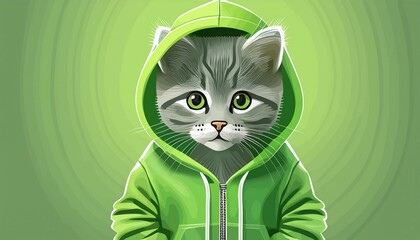 Wall Mural - Grey kitten wearing a green hoodie